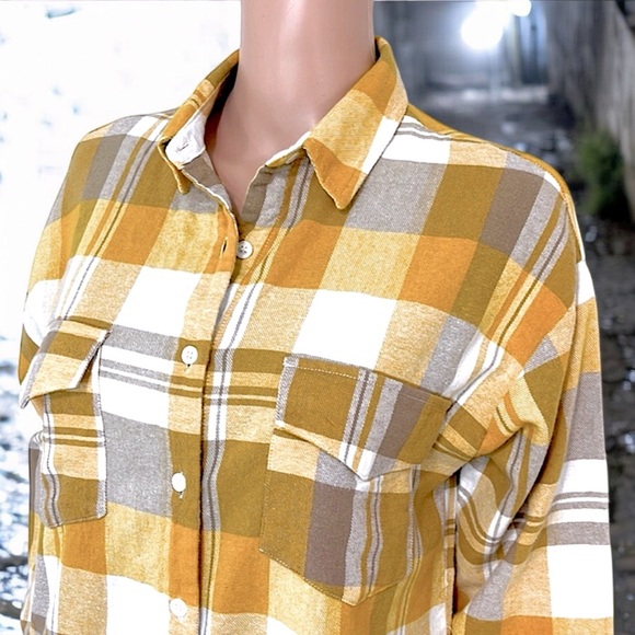 PaperMoon Mustard Flannel Plaid Oversized Button Down Shirt - Picture 5 of 16